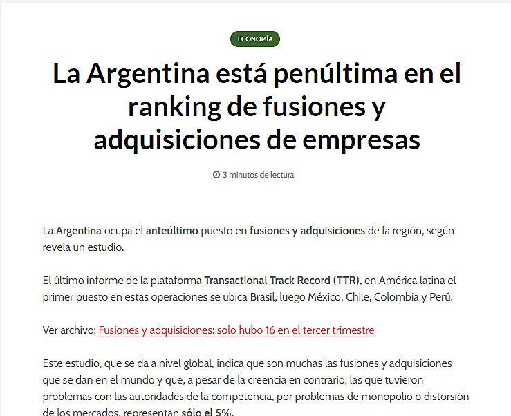 La Argentina est penltima en el ranking de fusiones y adquisiciones de empresas